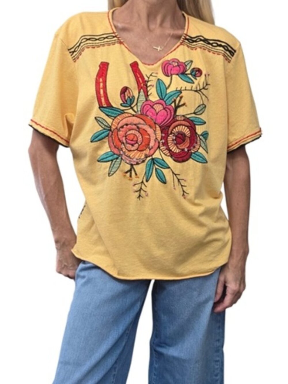Double D Ranch 2X Floral Embroidered Sequin Western Cotton Top